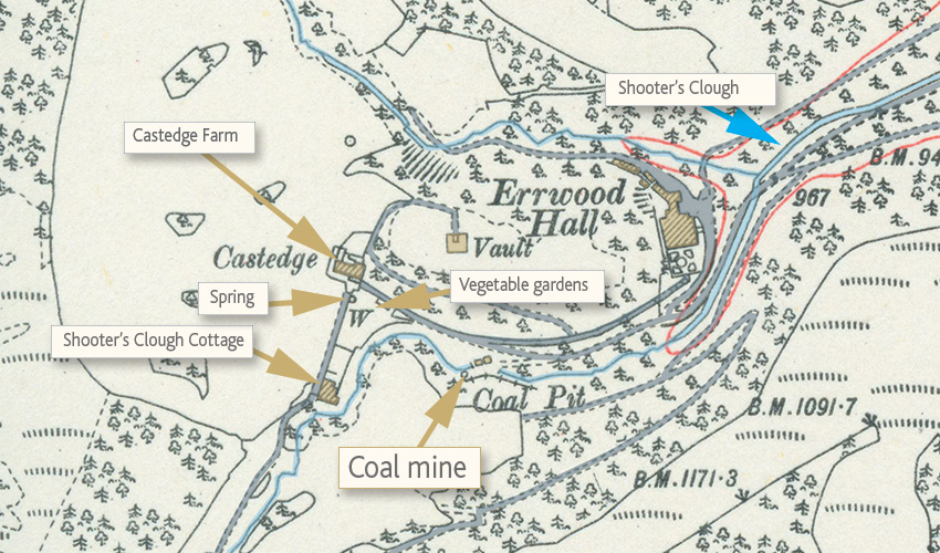 Old OS maps show a ‘Coal Pit’ between Errwood Hall and Castedge Farmhouse 